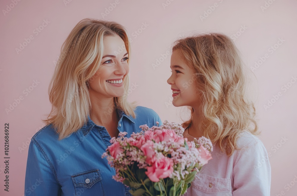 A joyful mother and daughter share a special moment with pink flowers against a pastel background A joyful mother and daughter share a special moment with pink flowers against a pastel background