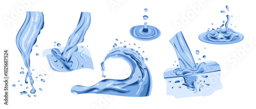 Collection of vector water pouring flows and water drops in realistic hand drawn style. Splashes of water or other liquid. Waves and drops movement. Nature illustration isolated on white background