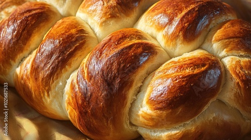 Freshly baked challah bread , sliced with soft butter and honey on the side, ready for breakfast photo