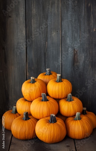 Arrangement of vibrant orange pumpkins on a dark wooden surface in autumn decor