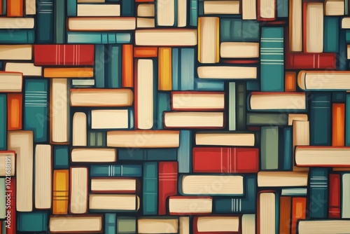 a painting of a bunch of books stacked on top of each other