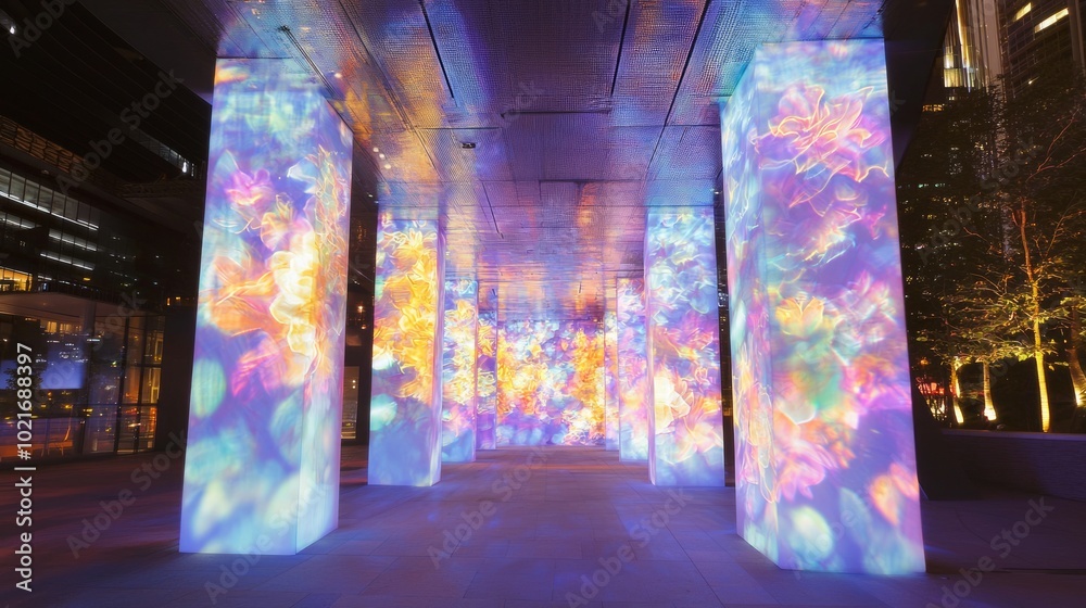 Obraz premium Illuminated Wonder: Immersive Outdoor Light Installation with Nature-Inspired Patterns and Colors
