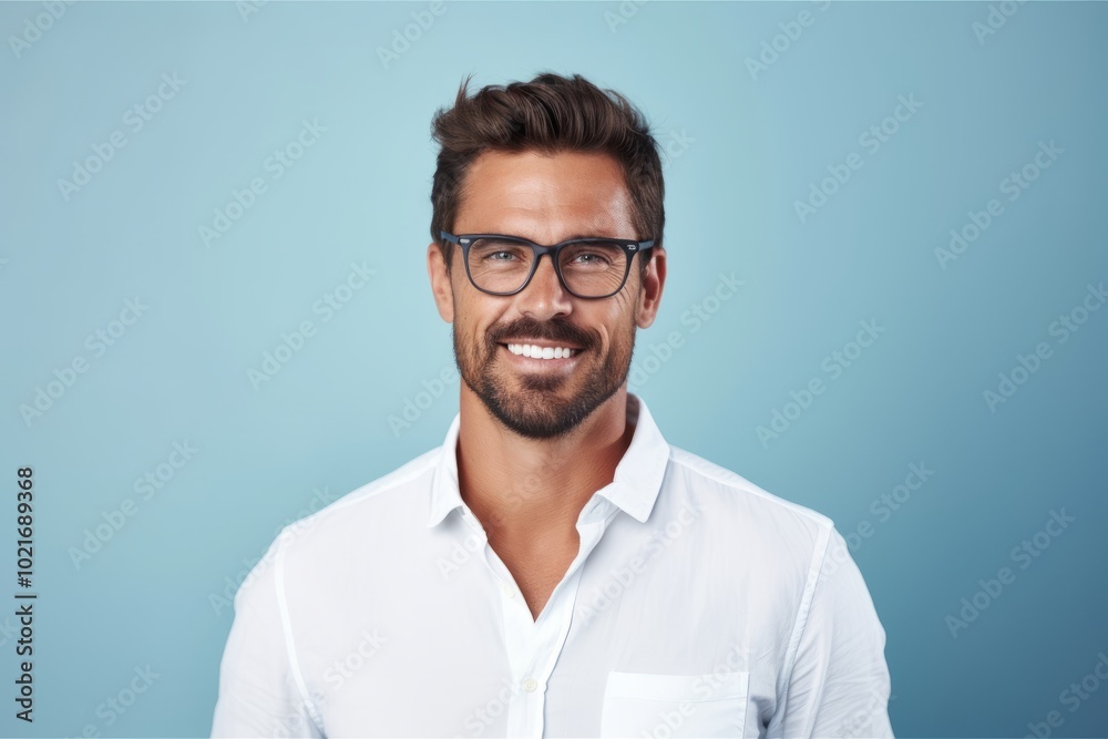 business, people and office concept - smiling young man in eyeglasses over blue background business, people and office concept - smiling young man in eyeglasses over blue background