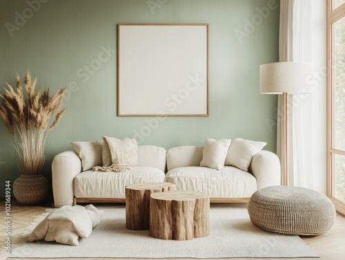 A minimalist winter living room with soft green calm walls, neutral furniture, and natural wood accents