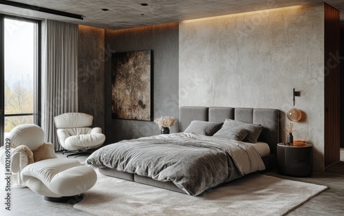 Modern bedroom design featuring a gray bed and minimalist decor in natural light