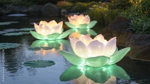 Illuminated Lotus Flowers: Serene Light Installations on Tranquil Pond with Vibrant Colors Reflected - Ultra-Detailed Artwork