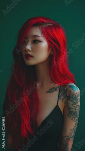 A Japanese girl with vibrant red hair and a detailed tattoo poses gracefully against a muted green background in dark moody lighting