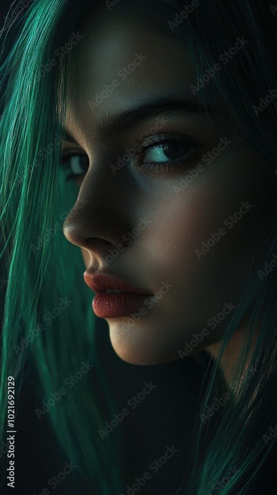 Moody portrait of a girl with striking green hair captured in dim light with sharp contrasts on a dark backdrop Moody portrait of a girl with striking green hair captured in dim light with sharp contrasts on a dark backdrop