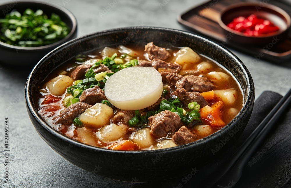 Hearty bowl of stew featuring tender meat and vegetables garnished with green onions Hearty bowl of stew featuring tender meat and vegetables garnished with green onions