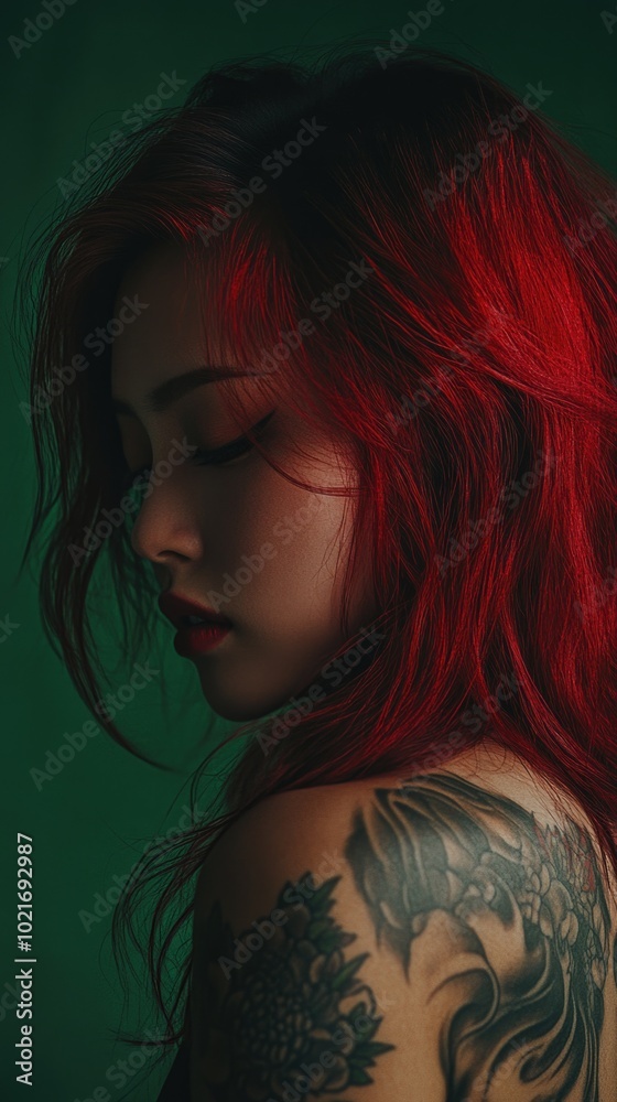 A striking portrait of a Japanese girl with vivid red hair and intricate tattoo set against a dark green minimalist background A striking portrait of a Japanese girl with vivid red hair and intricate tattoo set against a dark green minimalist background