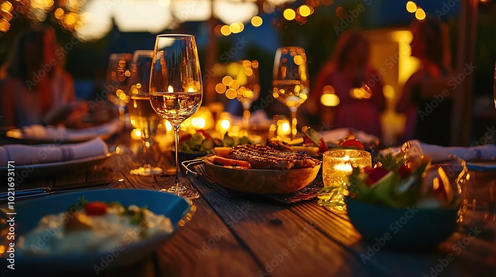 A wooden table is adorned with a bowl of food and a plate of food beside a wine glass containing wine A wooden table is adorned with a bowl of food and a plate of food beside a wine glass containing wine