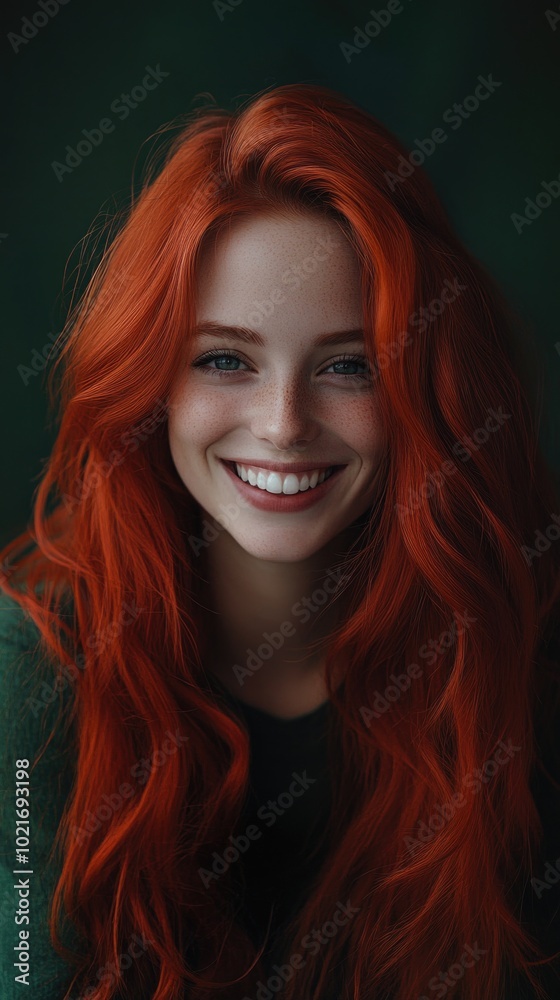 Fototapeta premium A smiling girl with vibrant red hair illuminated by cinematic lighting against a dark green background