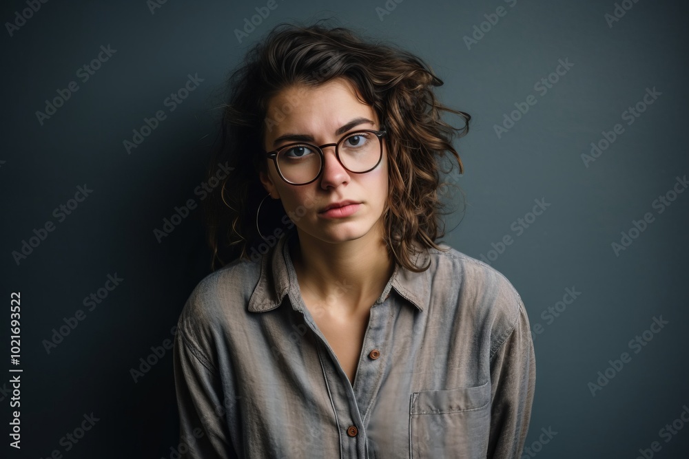 Portrait of a beautiful young woman with long wavy hair wearing glasses Portrait of a beautiful young woman with long wavy hair wearing glasses