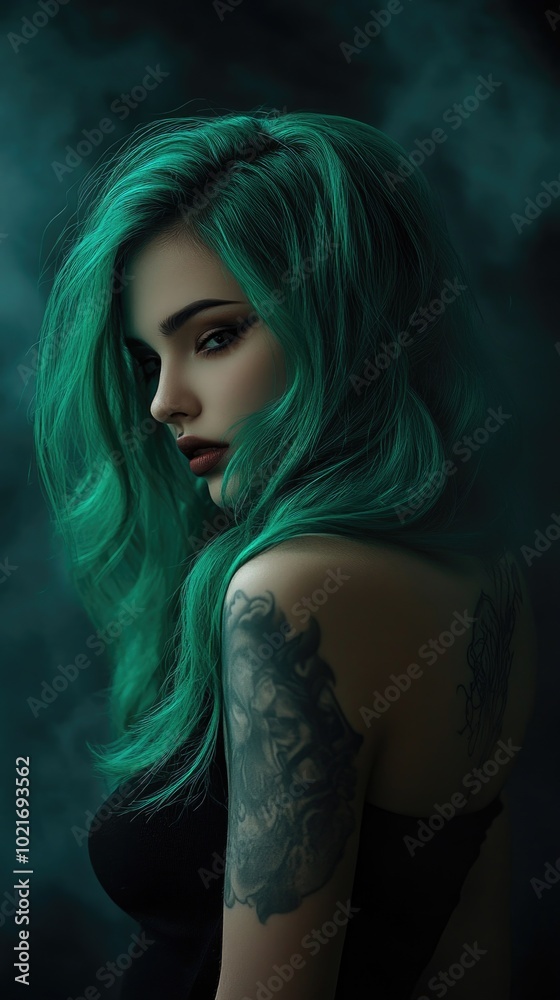 Stylish young woman with emerald green hair and a tattoo poses dramatically against a dark, smoky background Stylish young woman with emerald green hair and a tattoo poses dramatically against a dark, smoky background
