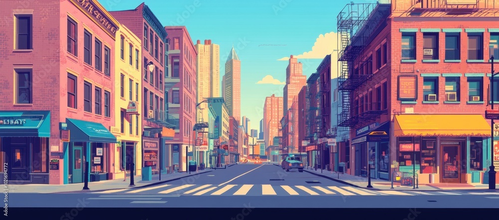 Obraz premium a city street with buildings and shop fronts, a panoramic view, a simple background, clear lines, vibrant colors Generative AI