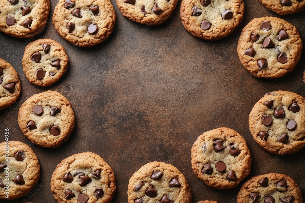 Freshly baked chocolate chip cookies arranged on a rustic baking surface for a cozy treat Freshly baked chocolate chip cookies arranged on a rustic baking surface for a cozy treat