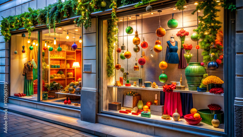 souvenir shop, colorful storefront display with festive decorations at night, shopping, Christmas, New Year