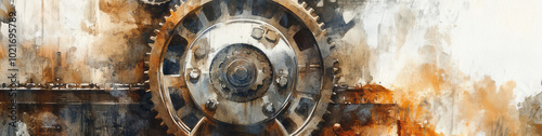 A watercolor steampunk depiction of industrial gears, blending mechanical elements with an artistic flair, representing the fusion of technology and creativity.