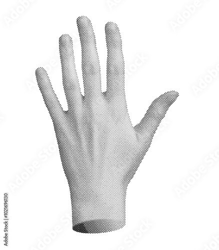 Five fingers stretching up, body sign language. Halftone style vector isolated on white background.