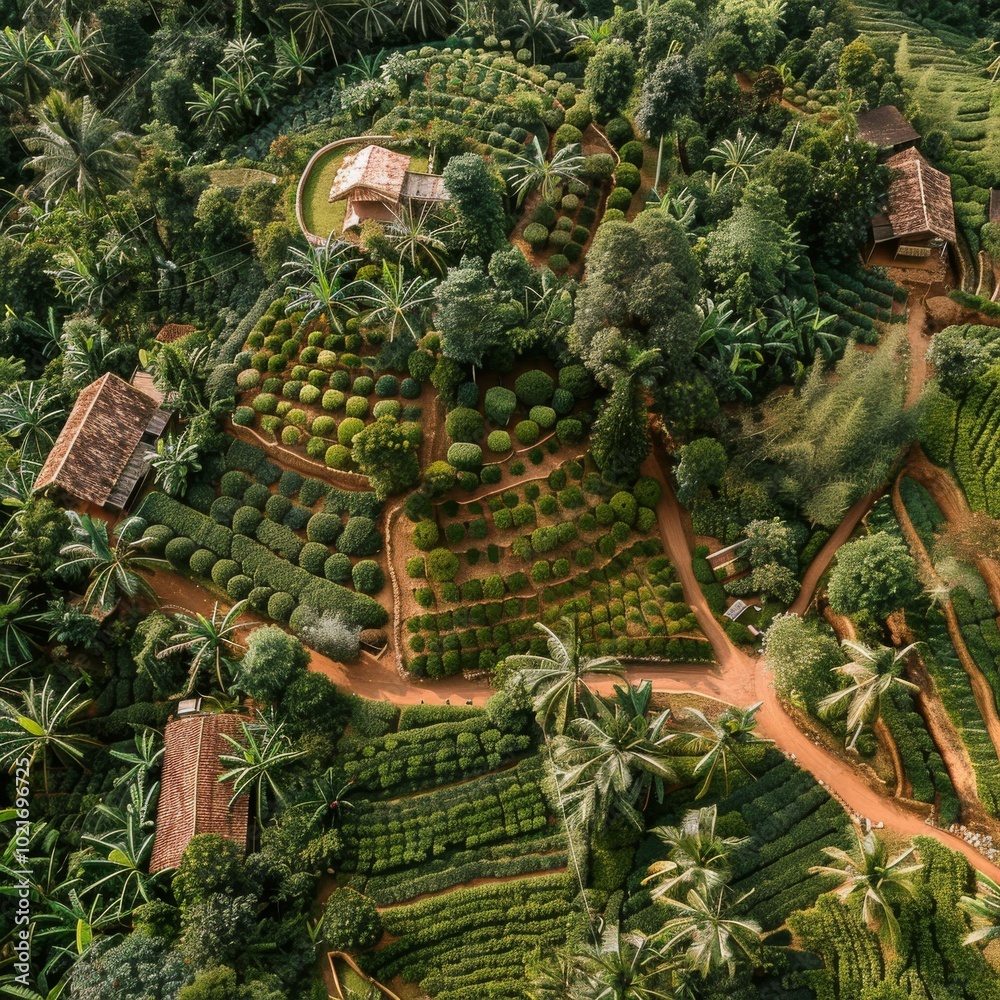 Obraz premium Small village with tea plantation surrounded by lush green vegetation