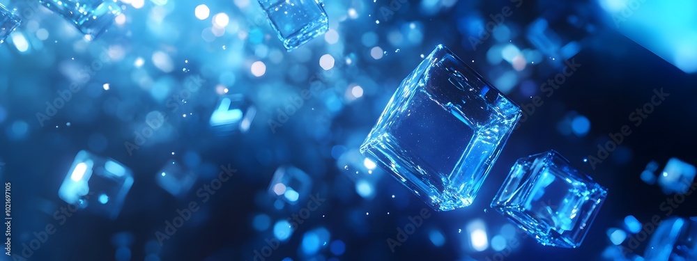 Abstract background with blue glowing cubes on a dark blue background, a digital technology and data concept Abstract background with blue glowing cubes on a dark blue background, a digital technology and data concept