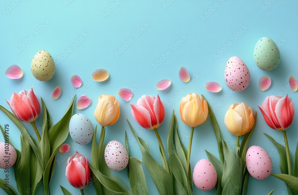 Colorful Easter eggs surrounded by tulips and greenery on a light blue background Colorful Easter eggs surrounded by tulips and greenery on a light blue background