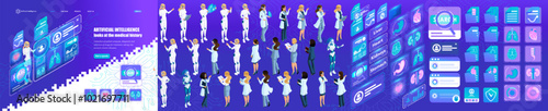 Isometric Template Creating Landing page. Female Cyborg makes a request to AI, for Medical. Kit of Characters, Persons. Kit of icons. Create your own unique Landing page