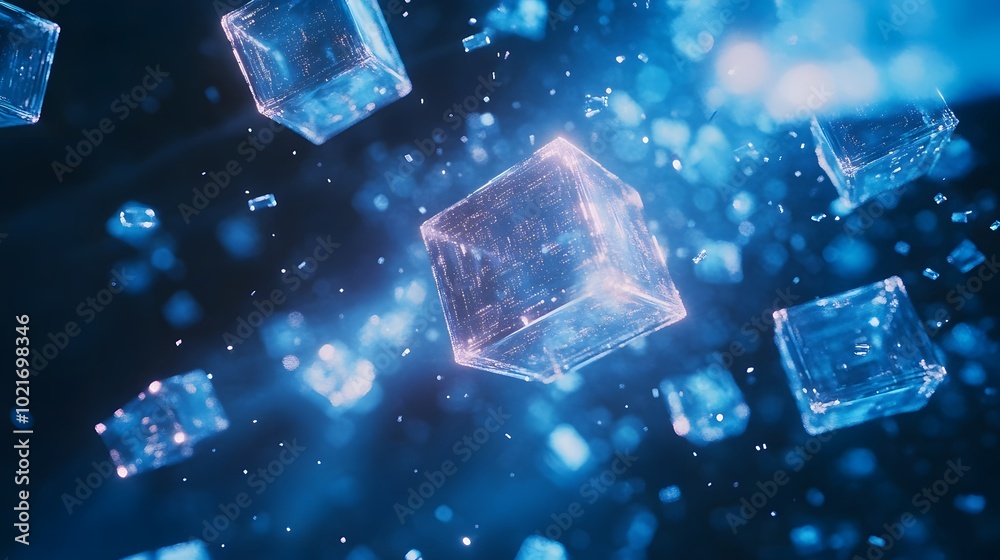 Abstract background with blue glowing cubes on a dark blue background, a digital technology and data concept Abstract background with blue glowing cubes on a dark blue background, a digital technology and data concept