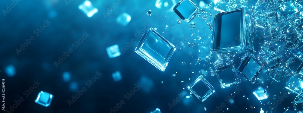 Abstract background with blue glowing cubes on a dark blue background, a digital technology and data concept Abstract background with blue glowing cubes on a dark blue background, a digital technology and data concept