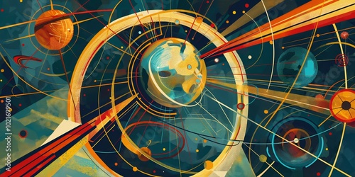 Creative illustration of celestial movements with planets and orbits. Vibrant colors and dynamic lines depict the cosmic forces and interconnected energy of the universe