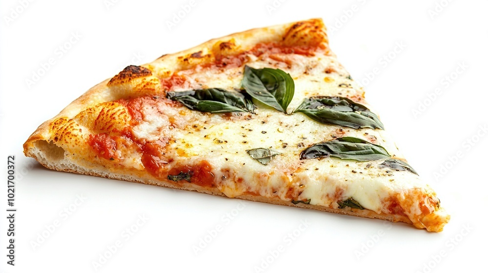  A photo of pizza slice on white background with cheese and basil