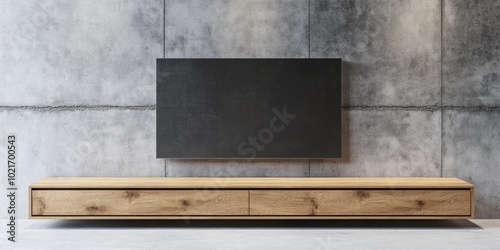 Contemporary Living Room Interior with Wooden TV Cabinet on Concrete Wall Background