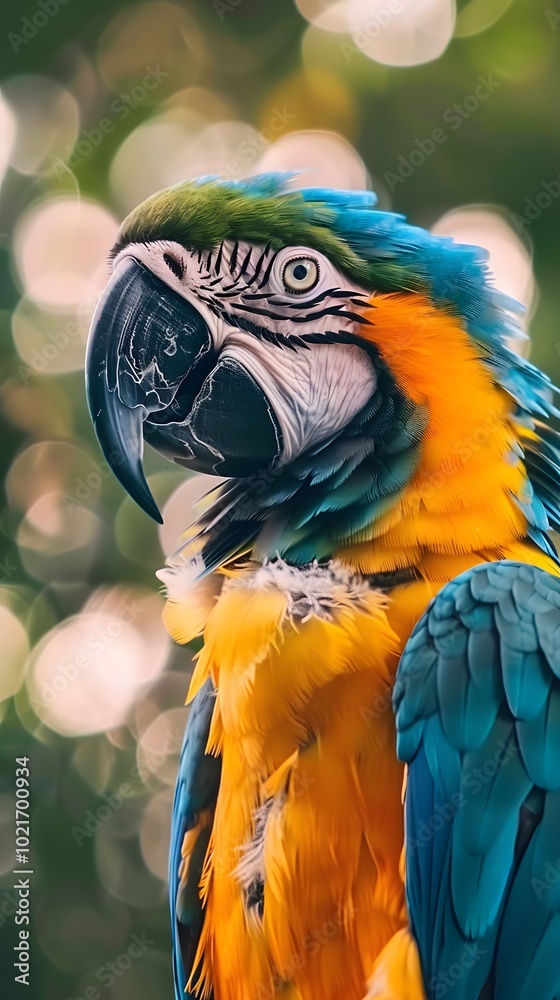 Obraz premium Colorful blue and yellow parrot in close-up AI Generative