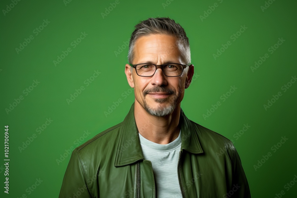Handsome middle-aged man with beard and glasses. Studio shot over green background. Handsome middle-aged man with beard and glasses. Studio shot over green background.