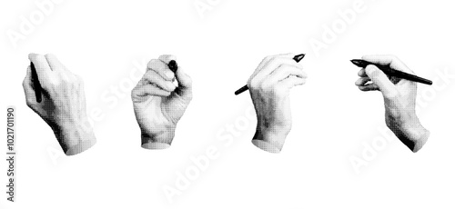 Hand holding pen, stylus for handwriting, drawing, set. Halftone style vector isolated on white background.