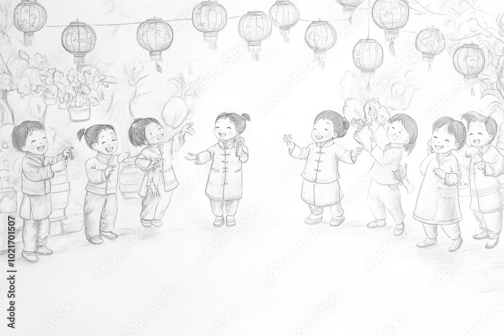 Naive Children's Pencil Drawing of Festive Lantern Celebration Naive Children's Pencil Drawing of Festive Lantern Celebration