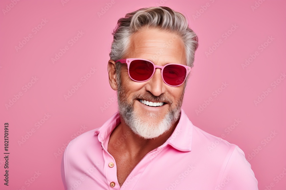 Portrait of a happy senior man in pink sunglasses over pink background. Portrait of a happy senior man in pink sunglasses over pink background.
