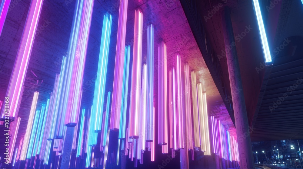 Vibrant Light Installation Transforming City Bridge with Seasonal Colors - Detailed Urban Illumination Artwork Vibrant Light Installation Transforming City Bridge with Seasonal Colors - Detailed Urban Illumination Artwork
