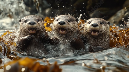 Three playful otters splash and frolic in a stream of water, surrounded by kelp.