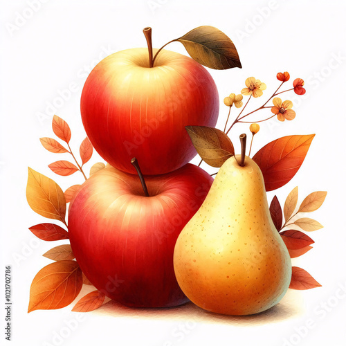 Autumn Harvest Harmony: A Colorful Blend of Apples, Pears, and Pumpkins Celebrating the Season's Bounty photo