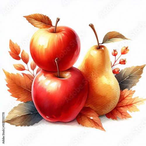 Autumn Harvest Harmony: A Colorful Blend of Apples, Pears, and Pumpkins Celebrating the Season's Bounty photo
