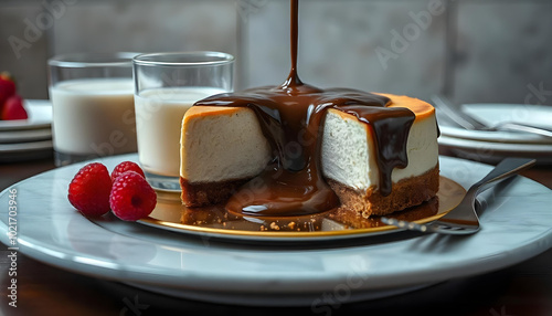 Cheesecake it that has chocolate ganache liquid chocolate pouring out when sliced open on a solid 24k carat gold plate with large glass of cholate milk and perfectly placed utensils. photo