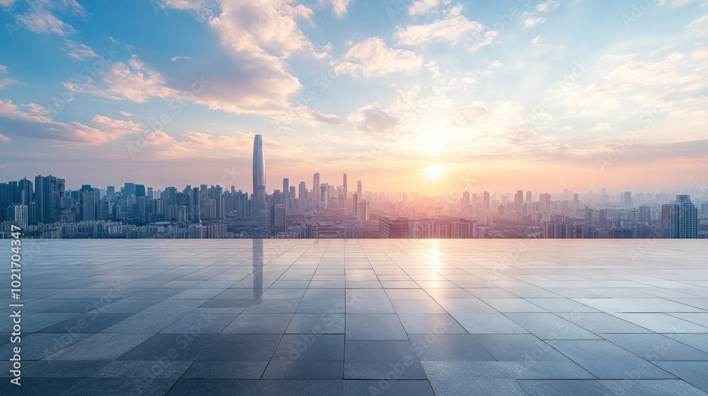 Empty square floor with modern city buildings scenery at sunset. Urban sunset with modern buildings and empty square floor. Empty square floor with modern city buildings scenery at sunset. Urban sunset with modern buildings and empty square floor.