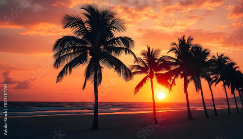 Fototapeta Naklejka Na Ścianę i Meble -  The pixelated beach scene with a vibrant orange and pink sunset, silhouetted palm trees swaying in the breeze is a beautiful and serene sight.