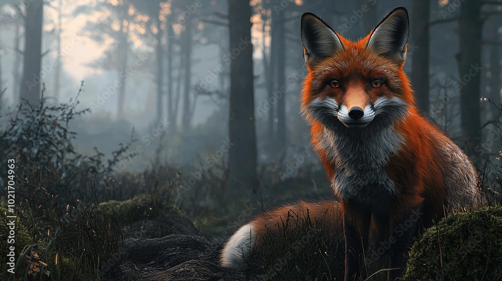 Fototapeta premium Red fox in forest, alert expression