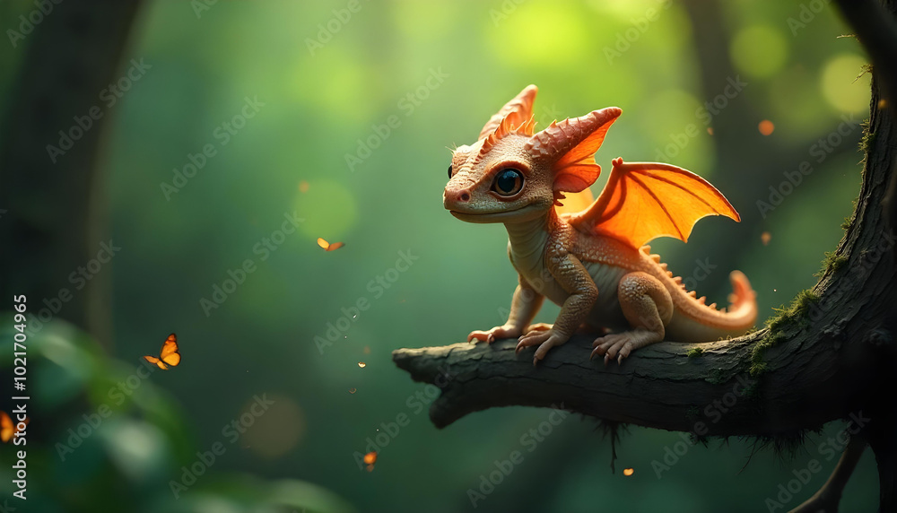 A beautiful baby dragon sitting on a limb in a tree in a mystical jungle fireflies everywhere small butterflies perfect clarity photorealistic beautiful quality 8k A beautiful baby dragon sitting on a limb in a tree in a mystical jungle fireflies everywhere small butterflies perfect clarity photorealistic beautiful quality 8k