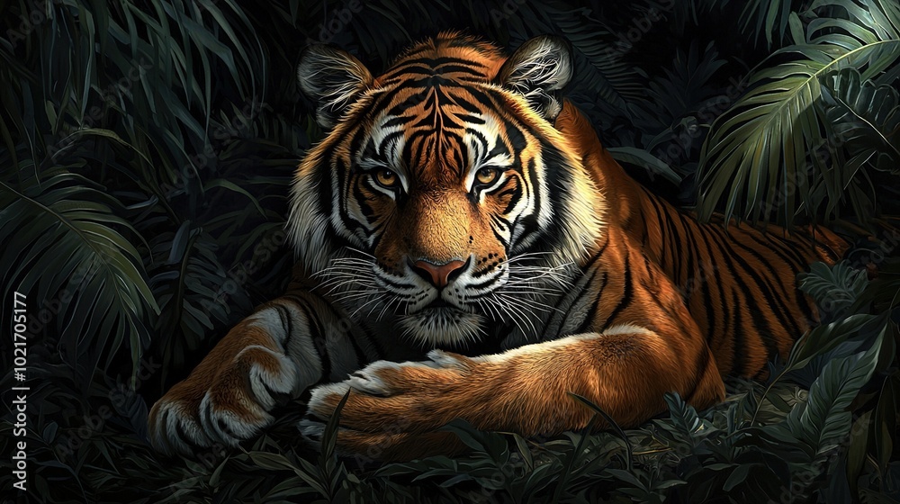 A tiger reposing amidst green foliage, eyes shut, and one paw grounded A tiger reposing amidst green foliage, eyes shut, and one paw grounded