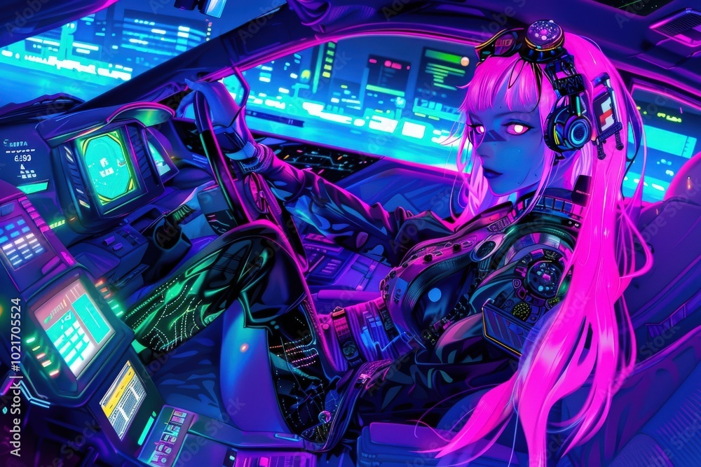 A woman with blue hair and green eyes is sitting in a car with neon lights, generative ai image A woman with blue hair and green eyes is sitting in a car with neon lights, generative ai image