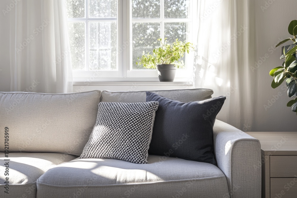 Fototapeta premium Modern Living Room Interior with Stylish Decor and Panoramic Window View