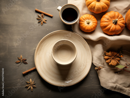 lat lay composition of autumn harvest pottery and copy space. Rustic stoneware with fall decor. neutral plate on neutral background with pumpkins and herbs. Wabi sabi potteryn. Food blog concept photo